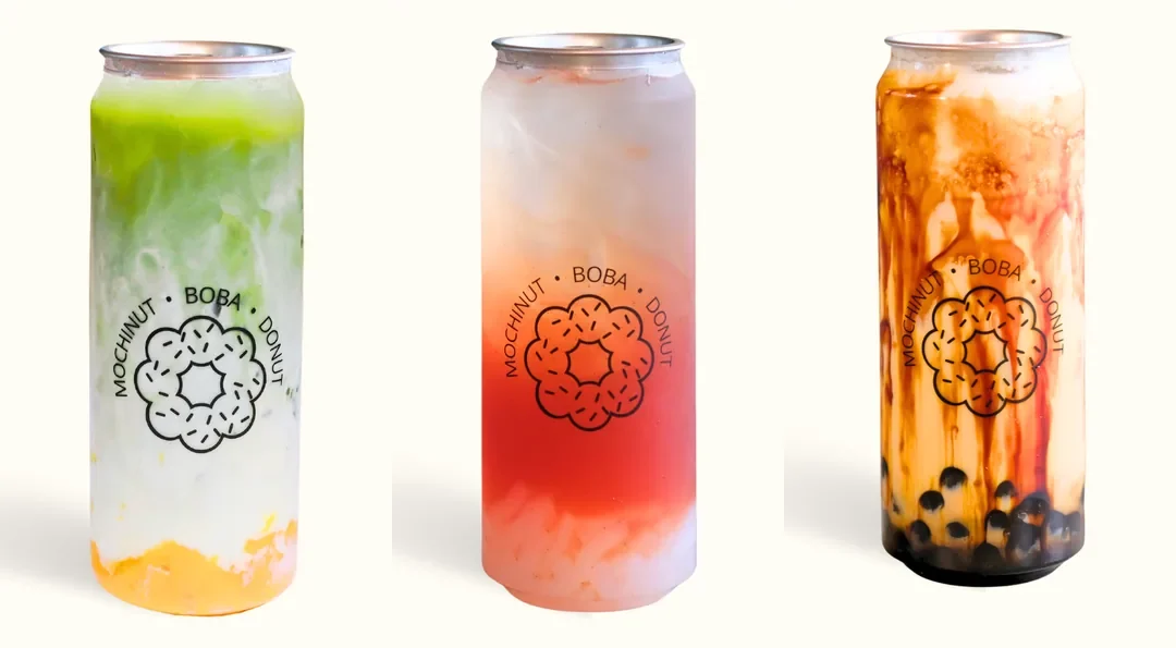 Mango Matcha, Peach Acai and Tiger Sugar Fresh Milk in Mochinut cans